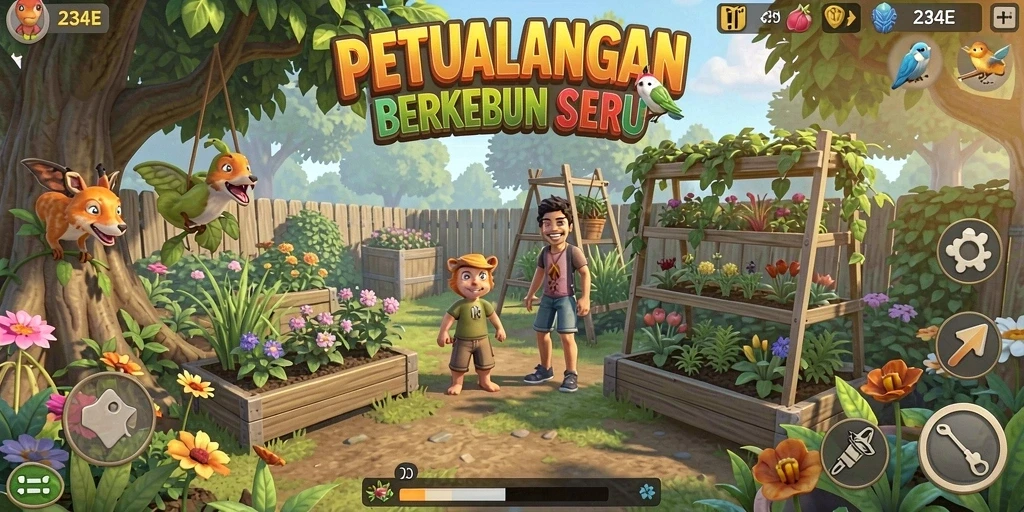 Tampilan gameplay 234E yang menampilkan kebun yang subur dan menyenangkan.