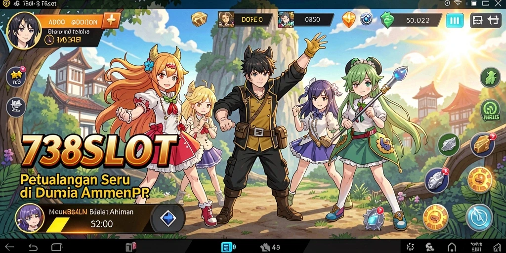 Tampilan gameplay <strong>738SLOT</strong> yang penuh warna dan karakter anime.