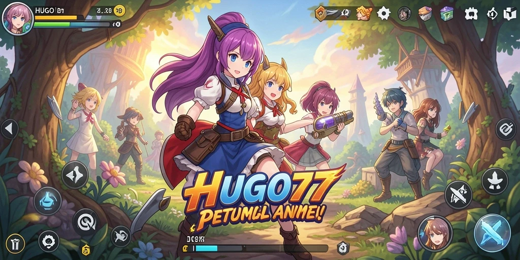 Tampilan gameplay menakjubkan dari HUGO77 dengan karakter anime yang penuh warna.