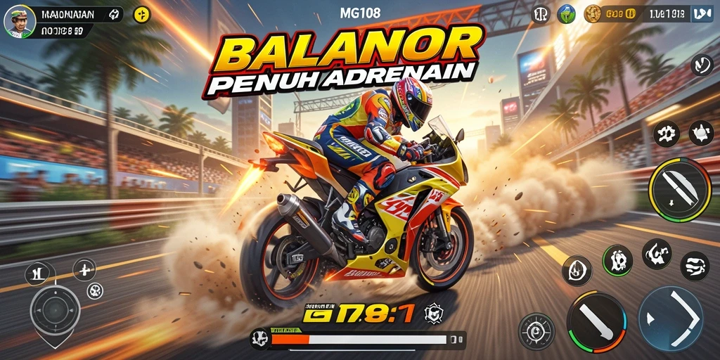 Tampilan gameplay MG108 dengan aksi balapan motor yang seru.
