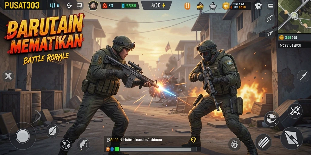 Screenshot PUSAT303 menampilkan aksi menegangkan dalam arena Battle Royale.
