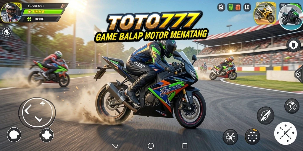 Screenshot gameplay TOTO777 menampilkan balapan motor yang mendebarkan dan tajam.